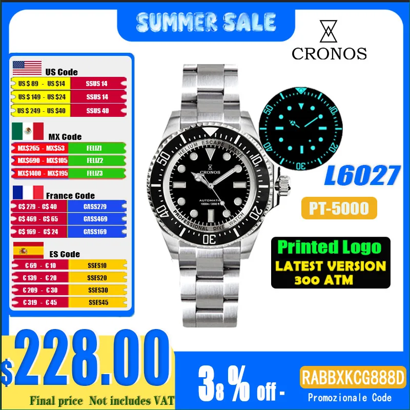 Cronos Automatic Diving Watch Stainless Steel 2000Meters Water Resistance Professional Diver PT5000 SW200 Miyota9015 90S5 L6027M