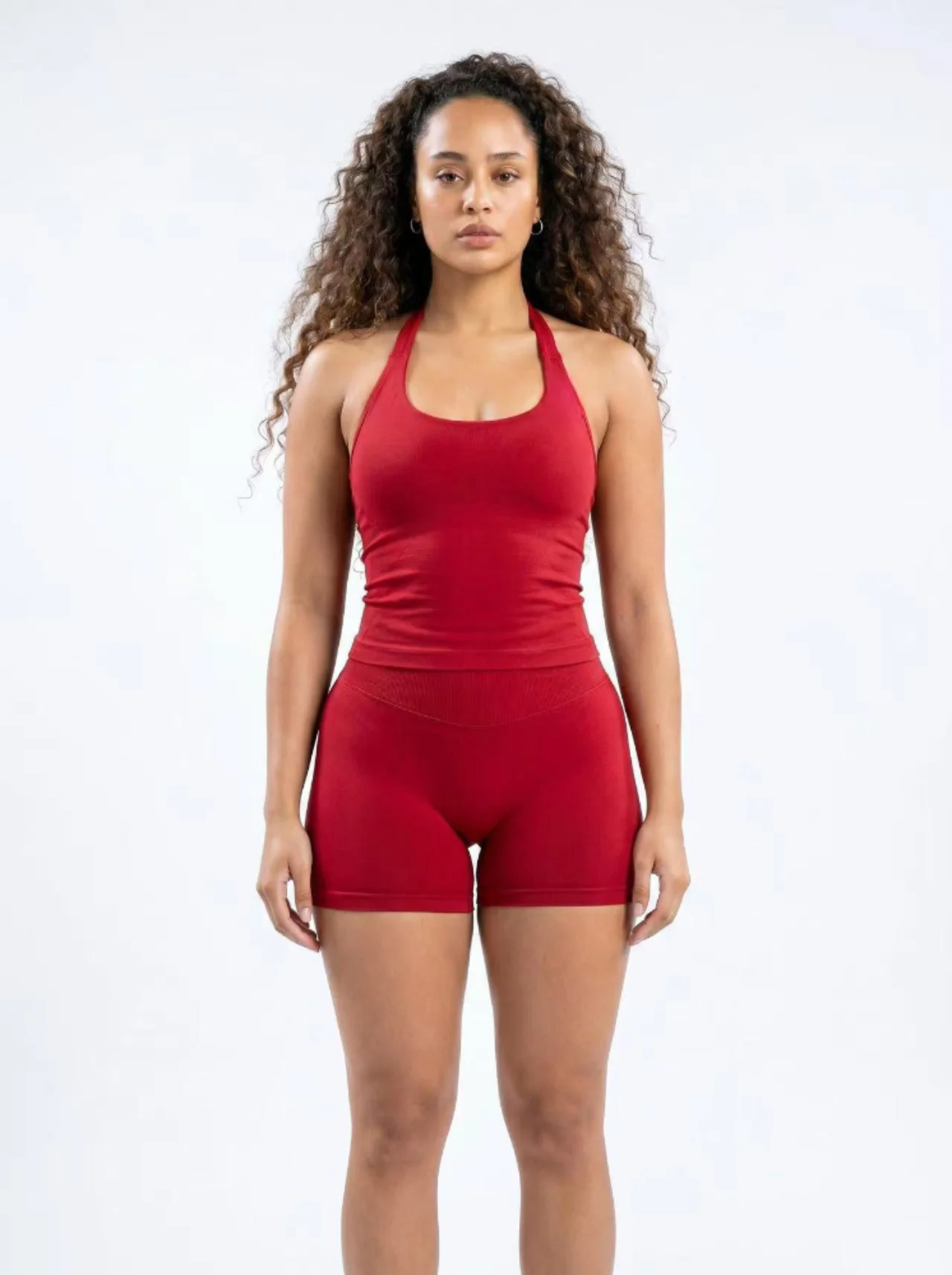 Workout Yoga 2-Teiliges Damen 3-Lagiges Neckholder Sportoutfit, Hochelastisches Nahtloses Gepolstertes Cami-Tanktop & Passende Shorts Set – Detail 3