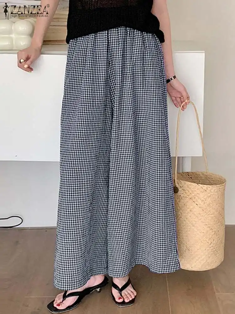 Vintage Checked Pants ZANZEA Women Stylish Wide Leg Pant Elegant High Waist Office Trousers Casual Loose Grid Pantalon Oversize