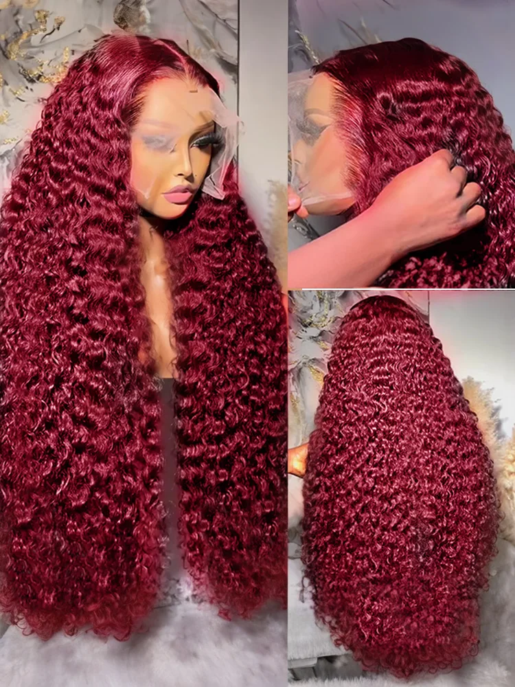 250 Density 13x4 Curly 99J Burgundy Colored Lace Front Wig 30 40 Inch Deep Wave 13x6 HD Lace Frontal Human Hair Wigs For Women