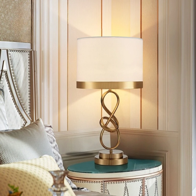 Bedside Lamp for Bedroom Decor Modern Luxury Fabric Shade Creative Metal Accented Energy Saving Table Lamp for US Style Home