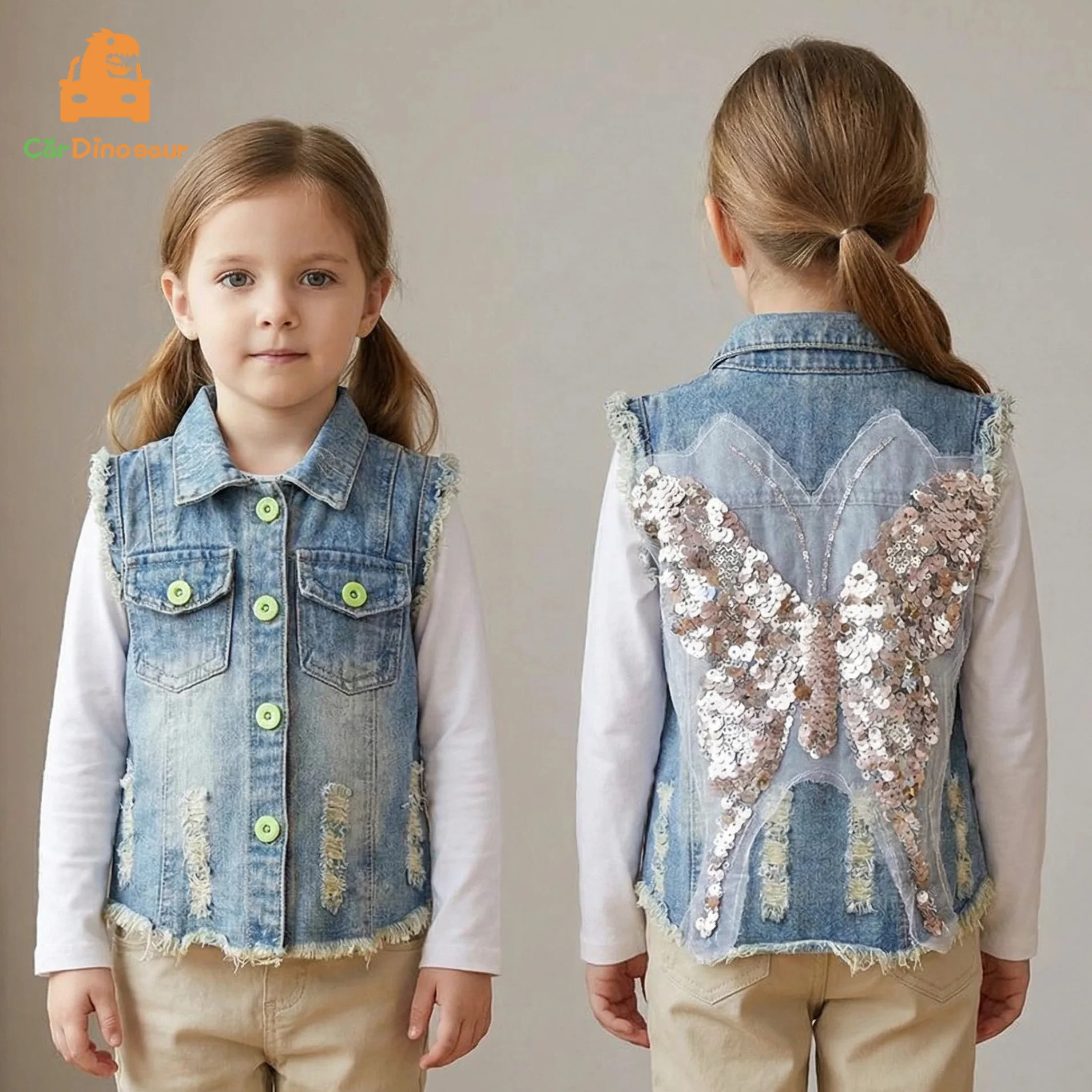 Spring Autumn 3 4 5 6 7 8 10 Years Children Glitter Decoration Cartoon Cute Denim Blue Waistcoats Vest For Kids Baby Girls