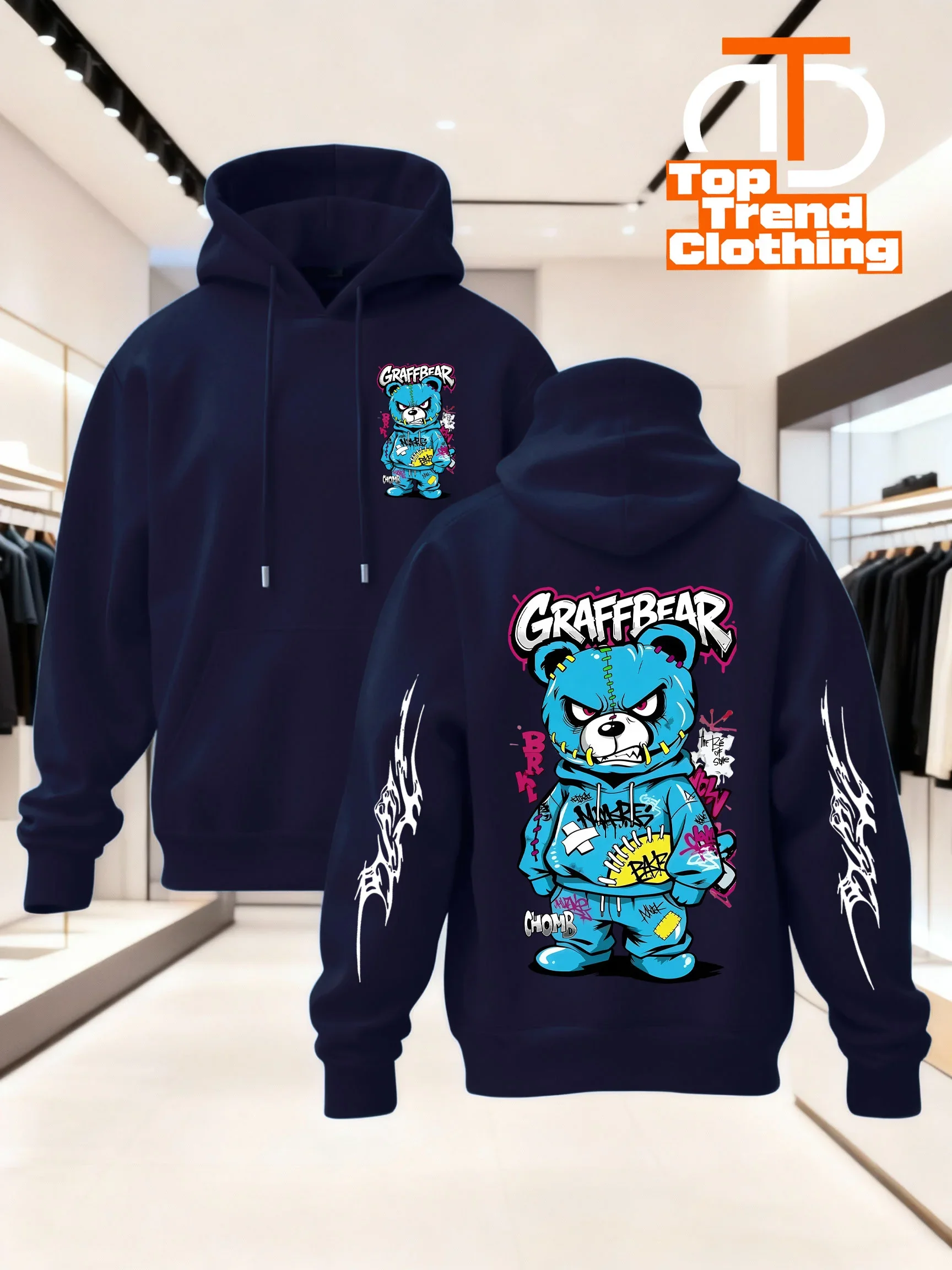 Men's Angry Blue Bear Hoodie Graffiti Cartoon Street Art Hip Hop Graphic Fleece Sweatshirt Streetwear Autumn Winter