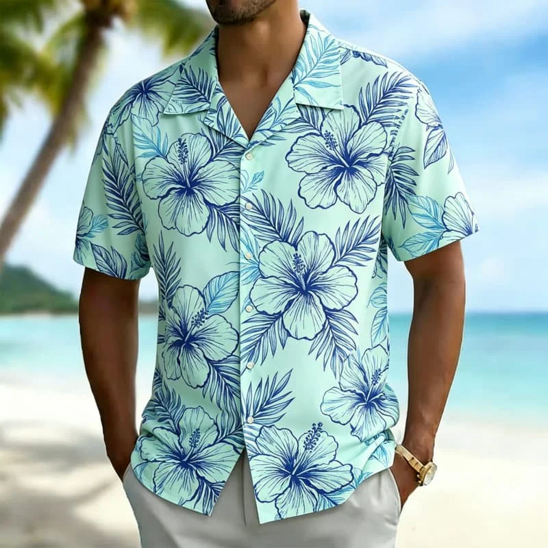Men's floral printed Hawaiian shirt with lines, for summer adventures, poolside wear, daily outfits, and short vacations