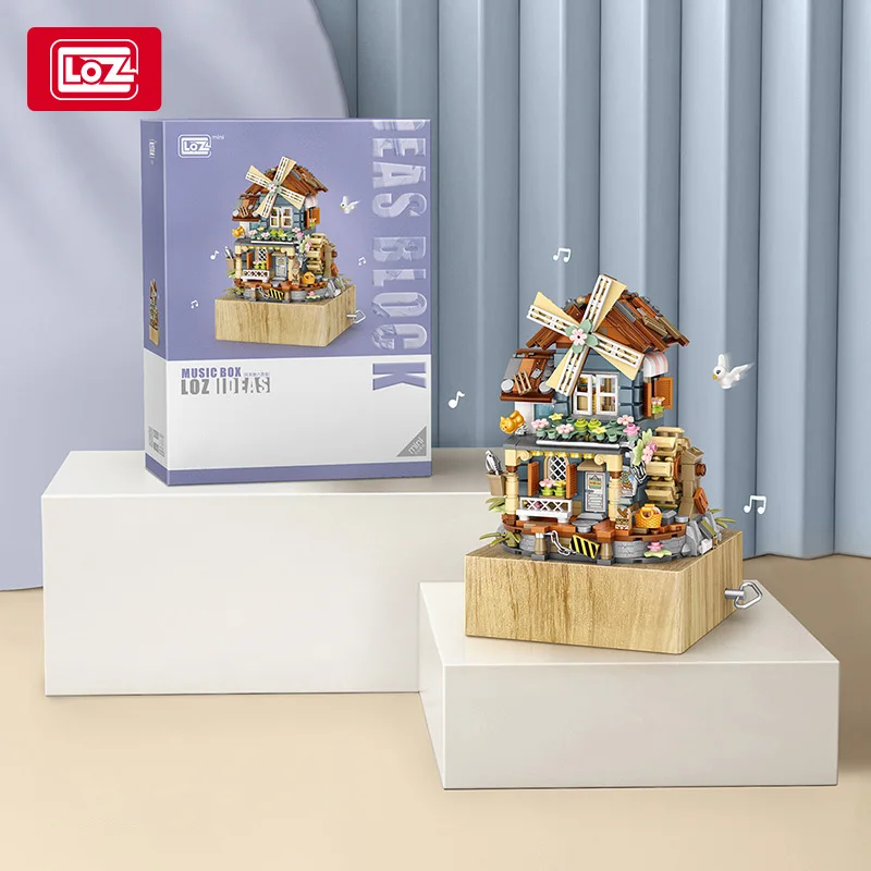 LOZ style music box Music box Windmill house Funny wooden house model decoration children's building blocks toy gift