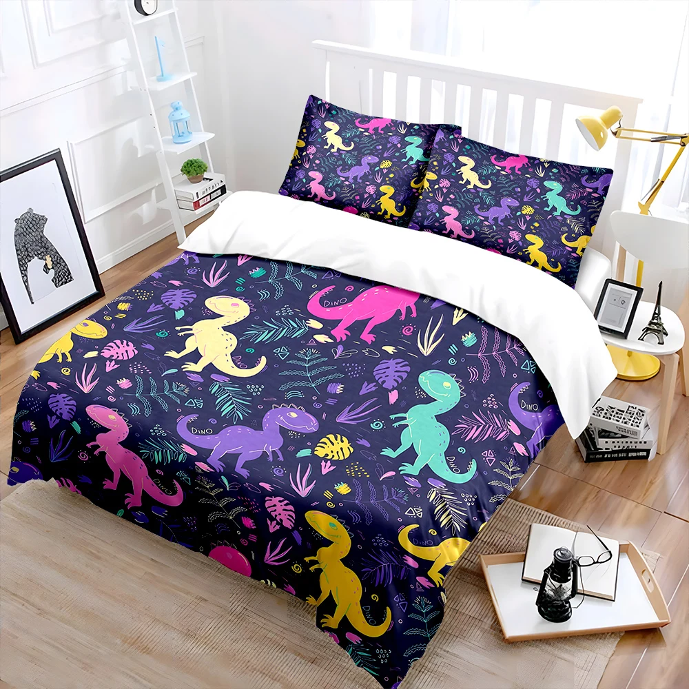 Multiple Sizes Colorful Dinosaur Print Bedding Set 1 Duvet Cover 2 Pillowcases for Adult and Children Luxury Gift Full Size