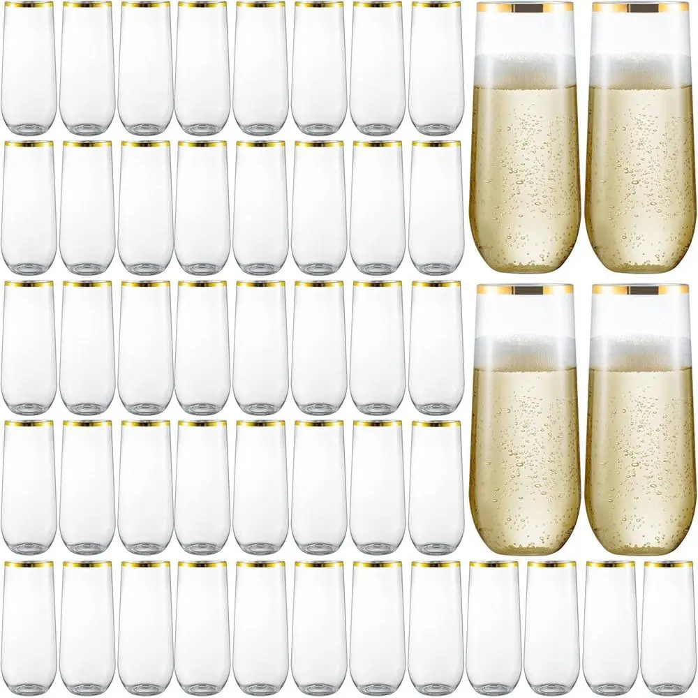 

48 Pack Disposable Unbreakable 9 Oz Champagne Flutes with Gold Rim