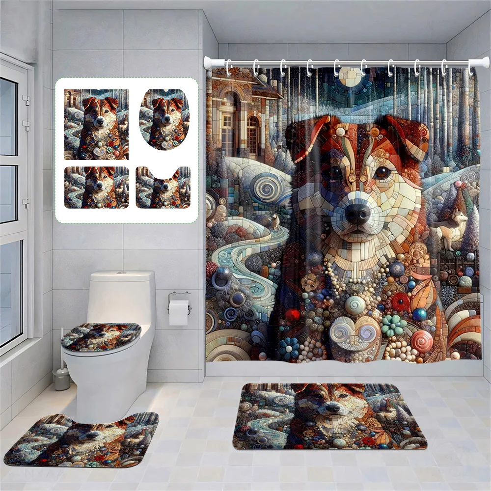 

Nordic Abstract Animal Shower Curtain suit Bathroom Partition Curtain Bathroom Decoration 4-piece Non-slip Bath Mat