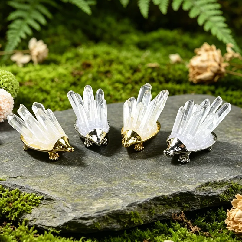 Natural Clear Quartz Crystal Hedgehog Ornament Handmade Healing Crystal Animal Figurine Home Desk Decor