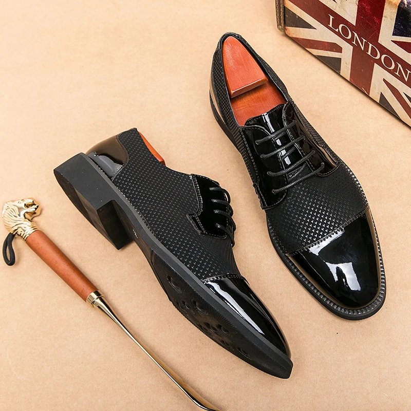 Brand Premium Men's Patent Leather Spliced Plaid Dress Shoes Round Toe Large Size 38‑46 Male Wedding Party Business Daily Shoes