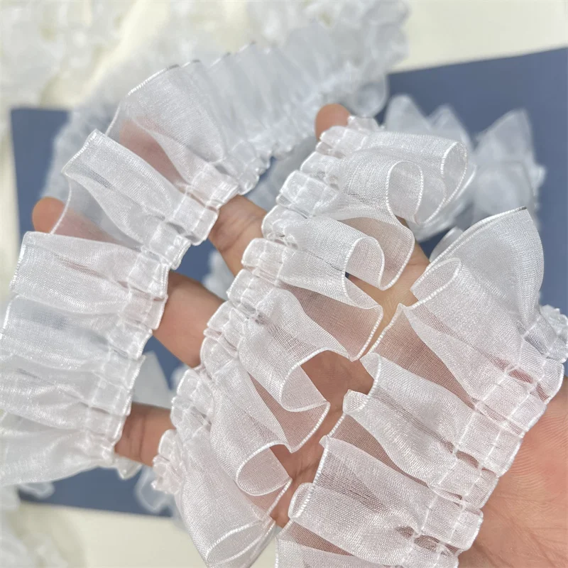 5CM Wide White Yarn Pleated Elastic Lace Fabric Needlework Frilled Ribbon Dress Collar Neckline Ruffle Trim Sewing Guipure Decor