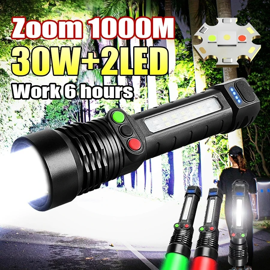 High Power Flashlight White/Red Green Light 3 Colors Multifunctional Rechargeable Zoom Flashlight Outdoor Camping Hunting Torch