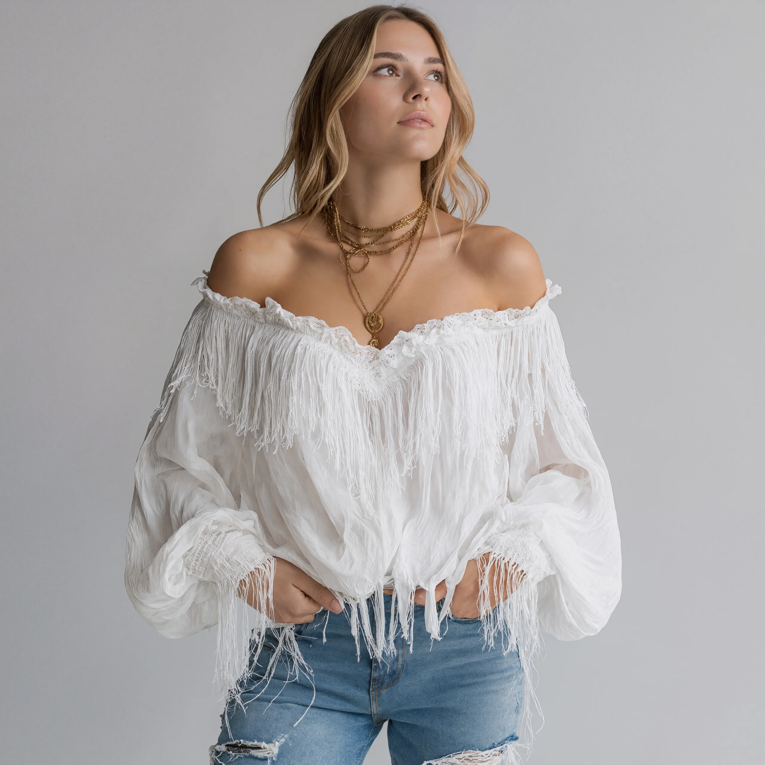 

Autumn Spring Women's Blouse Casual Fringe Off Shoulder Lantern Sleeve Blouse Solid Color Chic Bohemian Blouse Tops 2025
