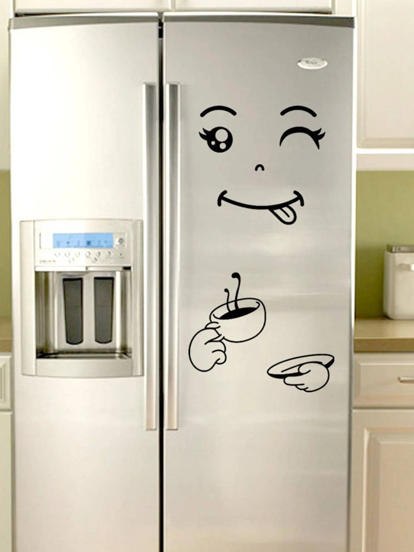 Cute Winking Face Coffee Wall Sticker, Funny Tongue Out Fridge Door Decor, Cartoon Vinyl Sticker for Kitchen Refrigerato