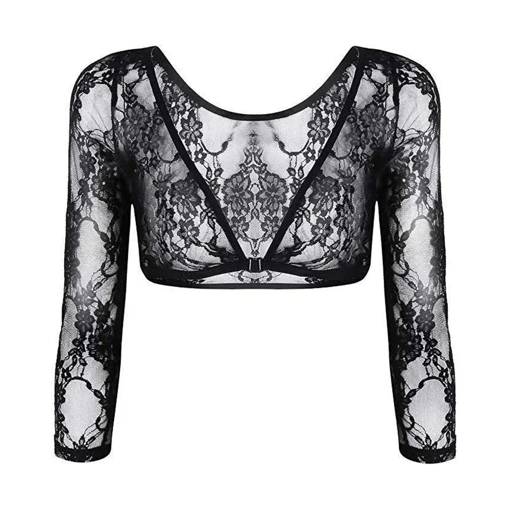 Female Women's Tops Lace Mesh Seamless See Through Shaper Shirt Shoulder Sleeve Stretch Blouses Comfy Fashion