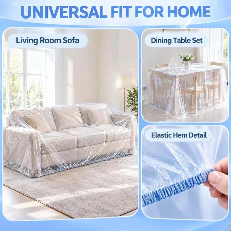 2 One Pack Large plastic dust cover set Universal fit Dust and dirt protection for furniture Bed, sofa, dining table, dormitory