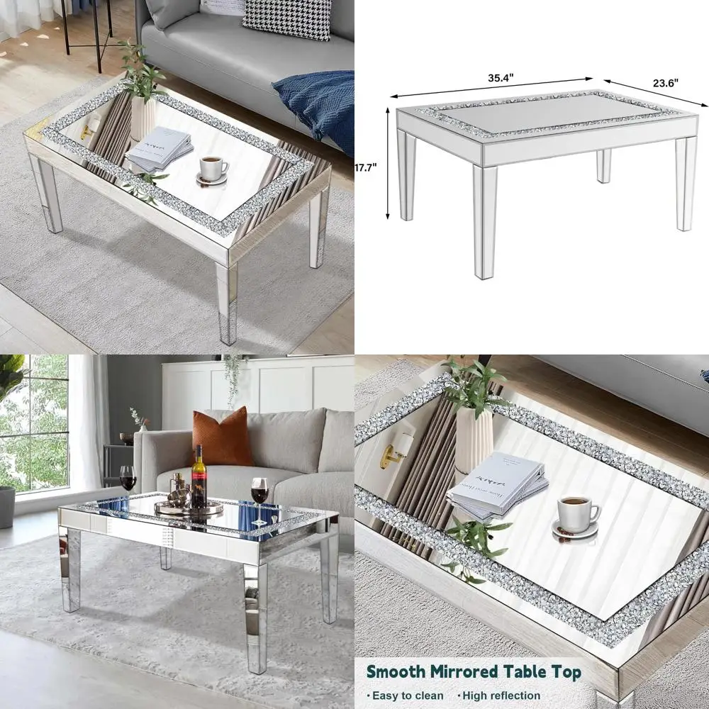 Gleaming Silver Coffee Table with Crystal Accents, Rectangular Glass Top with Mirrored Edges, Contemporary Living Room Centerpie