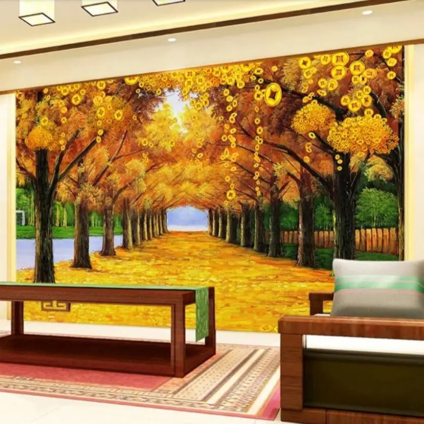 Beibehang-Custom Grande Photo Mural, 3D Money Tree, Boulevard Dourado, Fundo De TV, Papel De Parede, Pintura Decorativa