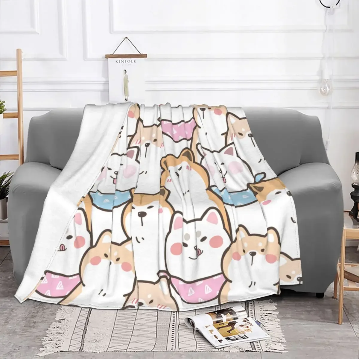 Cute Cartoon Shiba Inu Akita Dog Blankets Gift for Animal Dog Lover Plush Vintage Breathable Throw Blankets for Home Winter