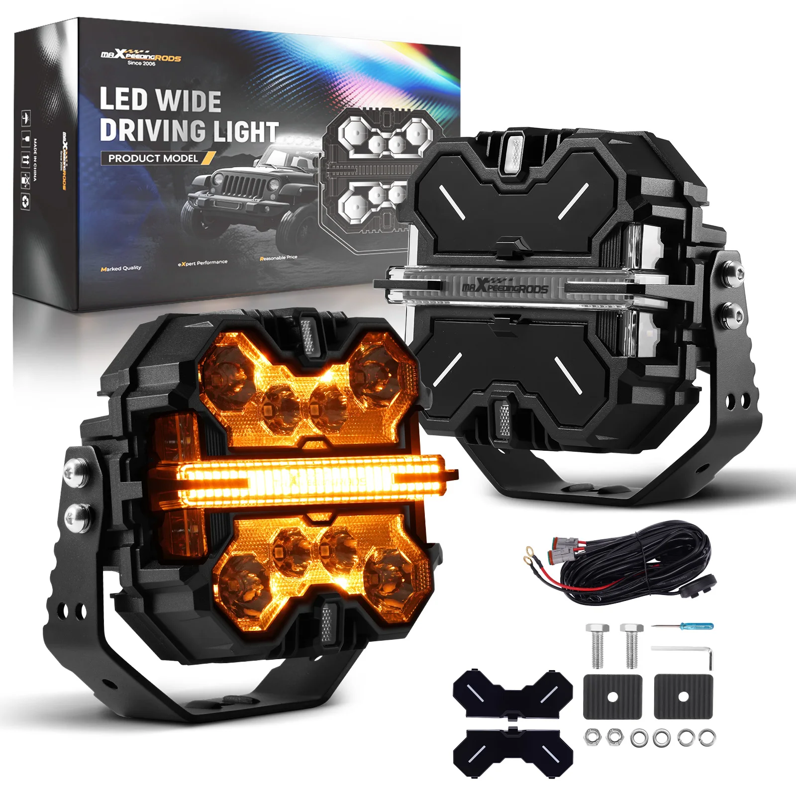 MaXpeedingrods 7inch Square Off-Road Auxiliary Light 332W Bar RGB DRL White Amber 12V IP68 For Sport Utility 4WD 4X4
