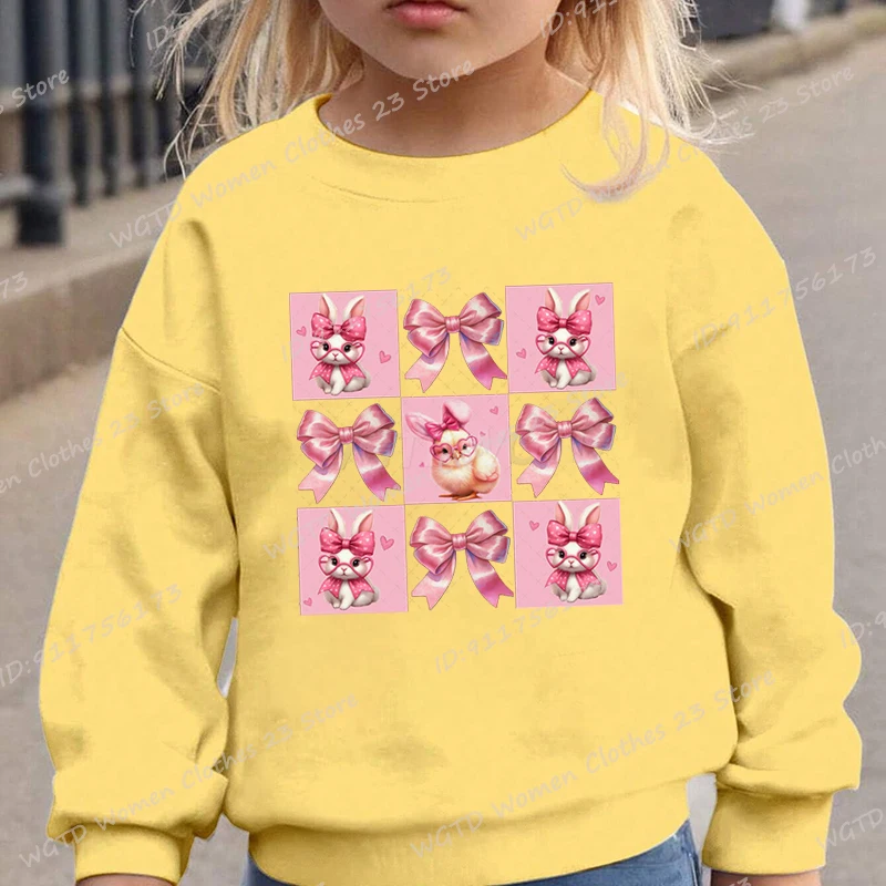Easter Day Bunny Bow Chick Print Round Neck Pullovers Children Casual Sport Outdoor Sweatshirts Long Sleeve Kids Girls Pullovers