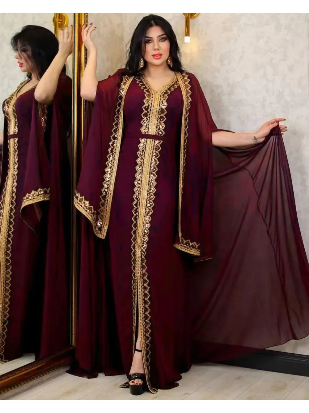 Elegant Muslim Abaya for Women Dress 2 Piece Set Chiffon Cloak Caftan Indian Party Dresses Sequins Kinono Robe Vestidos Abayas