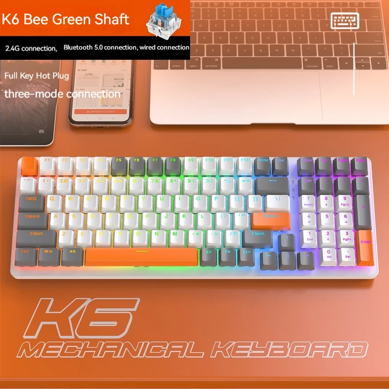 Free Wolf K6 3-mode Wireless Bluetooth Mechanical Keyboard Wireless Rgb Hot Swappable Game Keyboard Dual Mode Laptop Pc Gifts