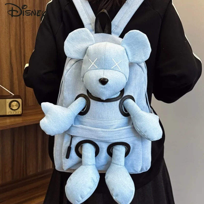 Disney mickey nova denim mochila feminina grande capacidade boneca bonito dos desenhos animados saco de viagem moda casual mochila