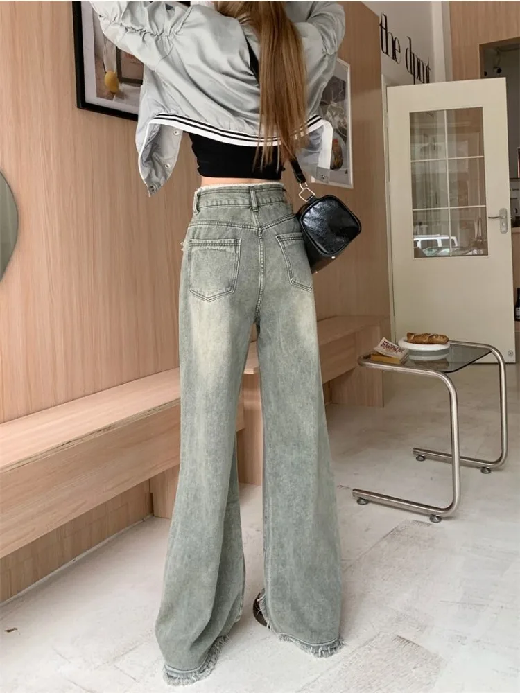 Wide Leg Jeans Women Vintage Streetwear Korean Style Casual Full Length Retro Femme Popular Simple Pockets All-match Denim Chic