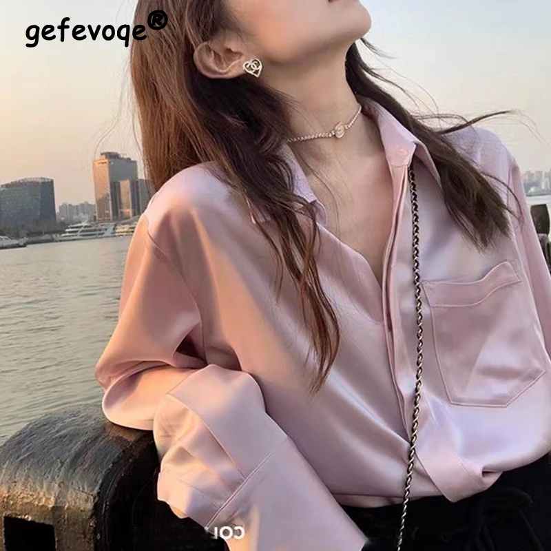 Women Korean Fashion Satin Elegant Button Up Shirt Office Lady Vintage Simple Street Blouse Long Sleeve Solid Loose Tops Blusas