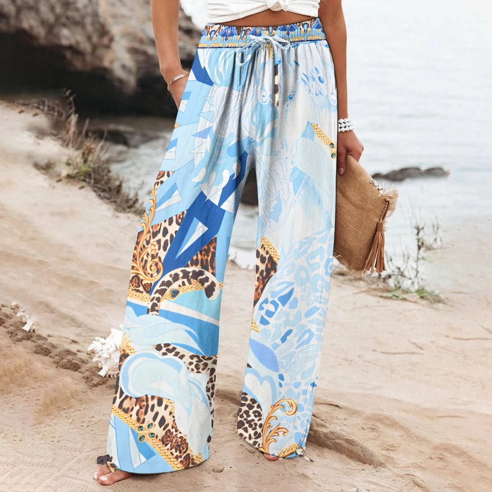 

Blue Splicing Leopard Print Beach Pants Casual Drawstring Straps Women's New Chic Soft High-Quality Wide-Leg Pants Versatile