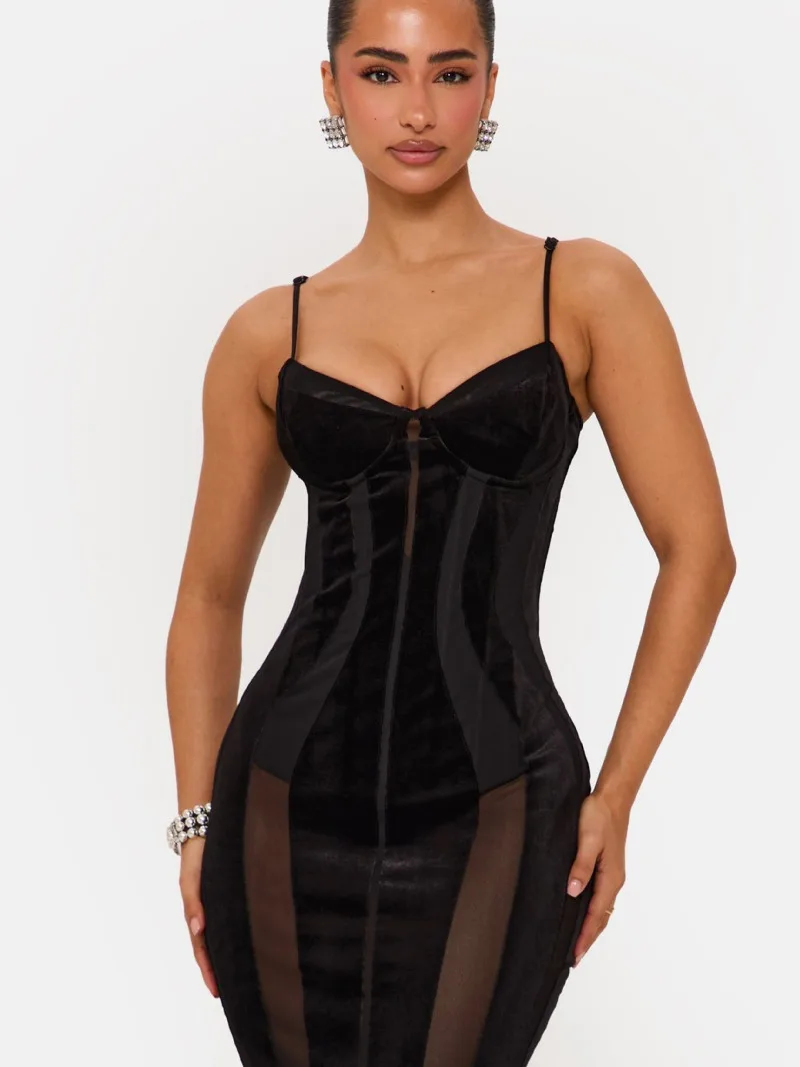 Women Black Velvet Sheer Maxi Dress Sexy Chic Mesh Patchwork Off-shoulder Waist Cinching Slim Maxi Dresses 2026 Club Party Gowns view 5