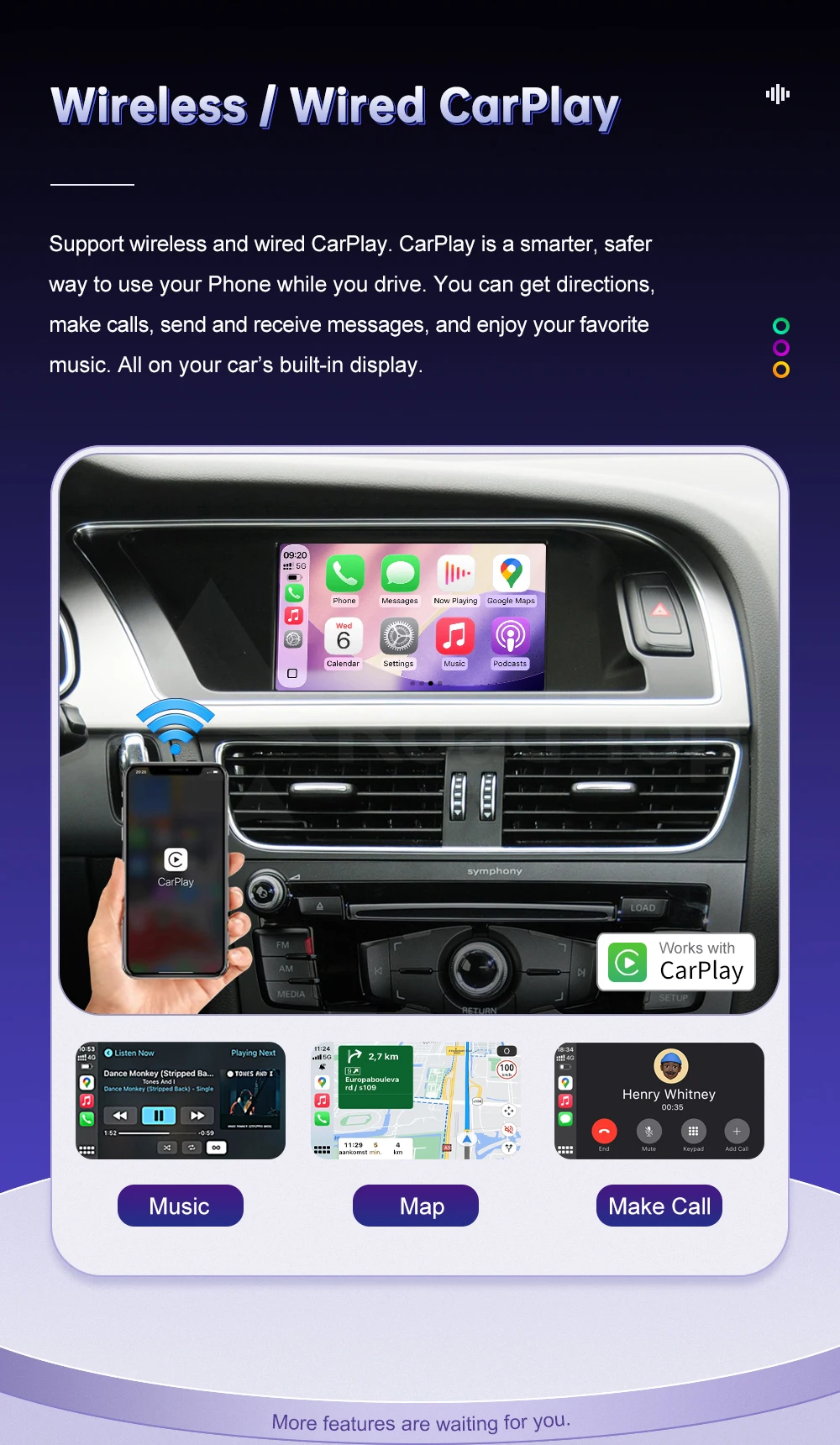Kabelloses Carplay für Audi A4 B8 A5 Q5 2009-2015 Unterstützt Android Auto AirPlay Mirroring Rückfahrkamera USB Auto-Player – Detail 8