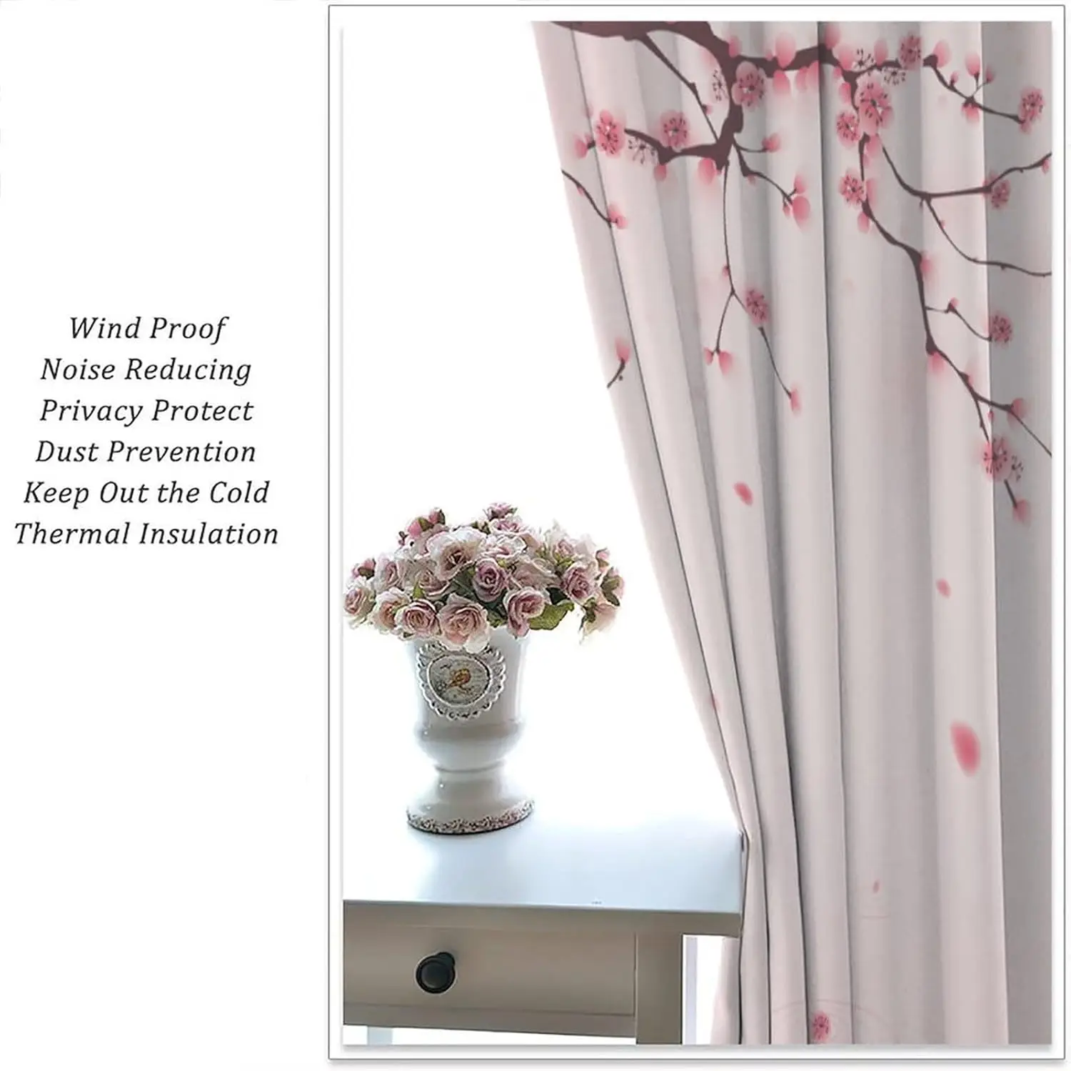 Pink Cherry Blossom Tree Curtains: 2-Panel Floral Rod Pocket Drapes for Home Decor