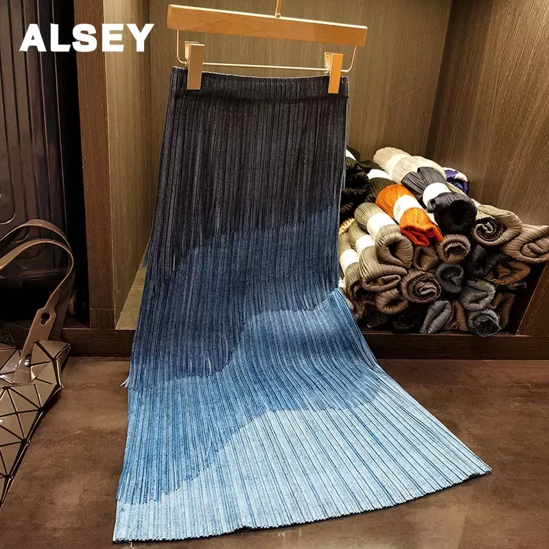 

ALSEY Miyake Pleated Spliced Tassel Skirt Women New 2024 Spring Gradient Colot Fashion A Line Split High Waist Versatile Skirt