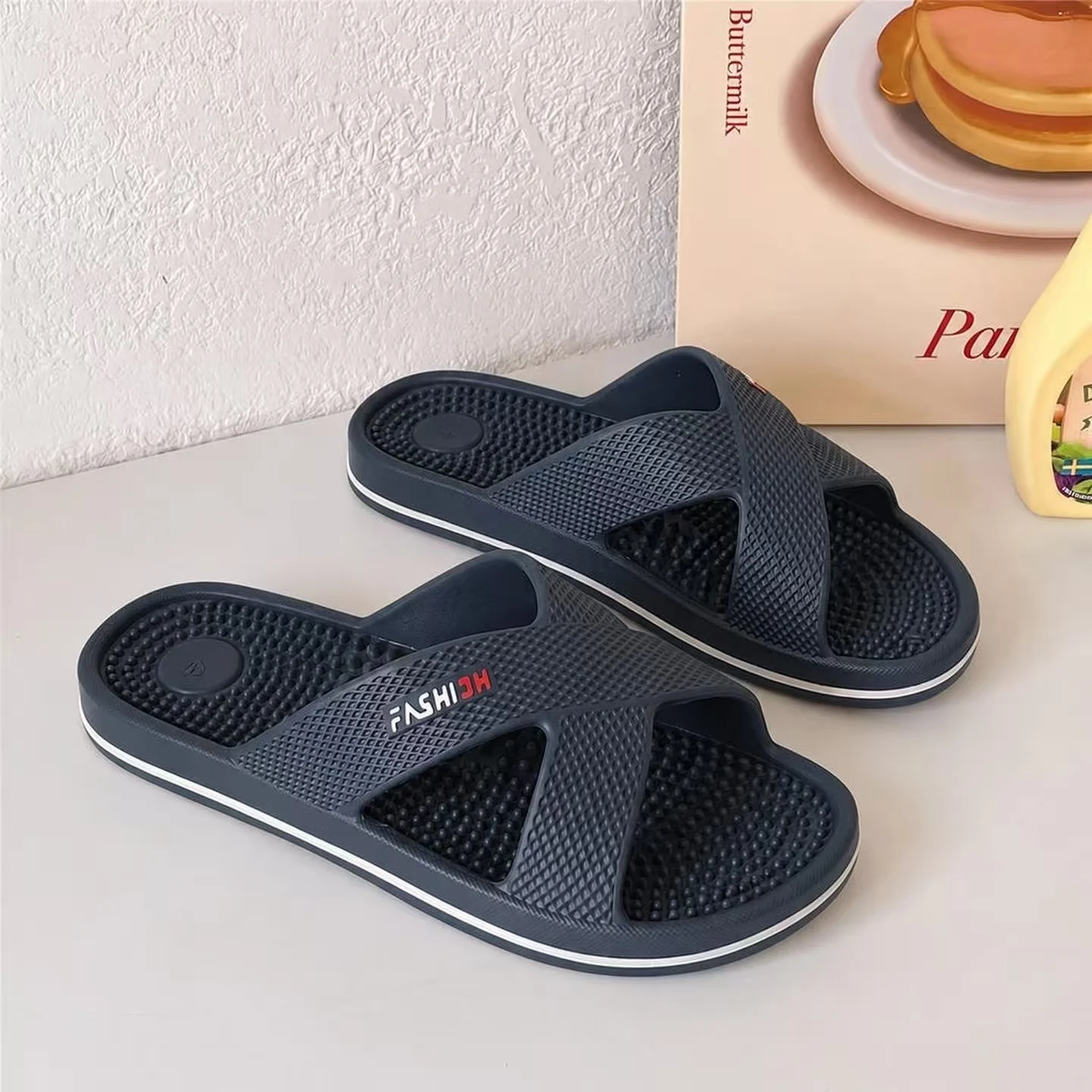 Summer New Men One Word Foot Massage Slippers Unisex Soft sole Non Slip Washable Home Slippers Bathroom Slippers Outdoor Slipper