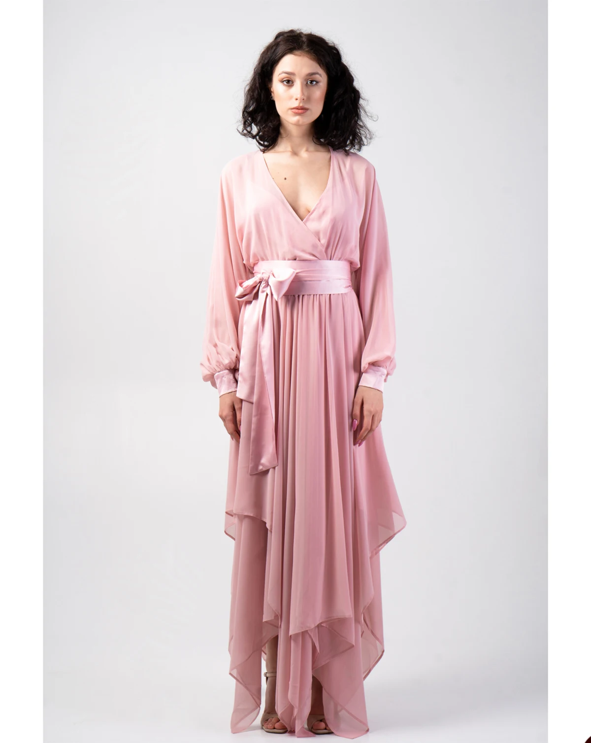 Pink Chiffon Skin Friendly Night-Robe Elegant Sexy V-Neck Women Pajamas With Silk Belt Housecoat Nightwear Size Customized