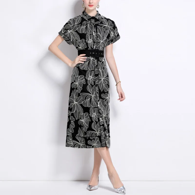 HKSH صيف جديد المرأة الفرنسية مزاجه أنيقة Ins بدوره إلى أسفل طوق مطبوعة الخصر Cinching واحدة الصدر فستان طويل HK6334