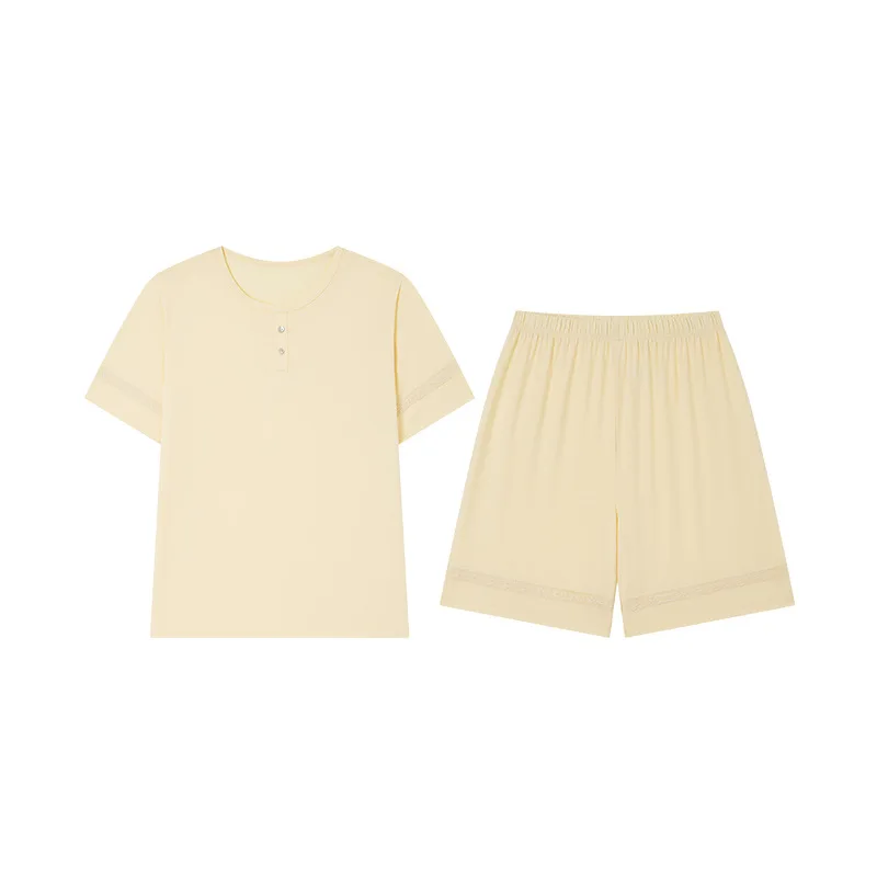 New spring and summer round neck loungewear women's mulberry silk short-sleeved shorts loose suit lace high-end outside pajamas