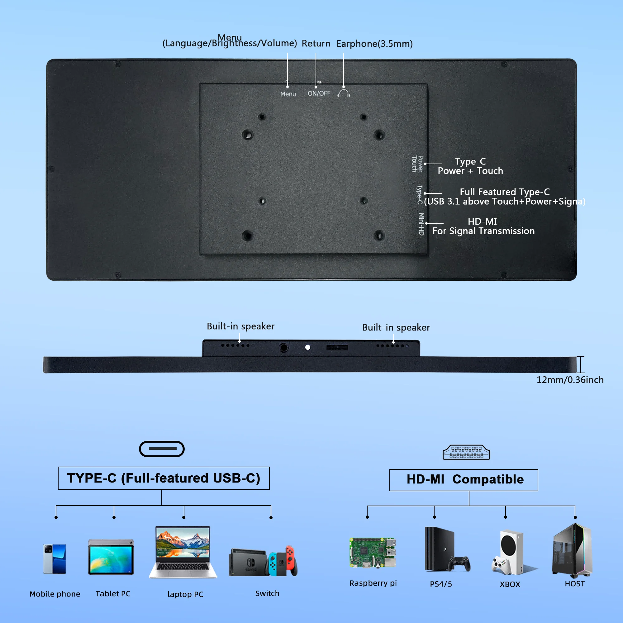 12.3인치 터치스크린 보조 모니터 스트레치드 바 IPS 디스플레이 1920*720 USBC 휴대용 노트북 PC 온도 Aida64 GPU CPU
