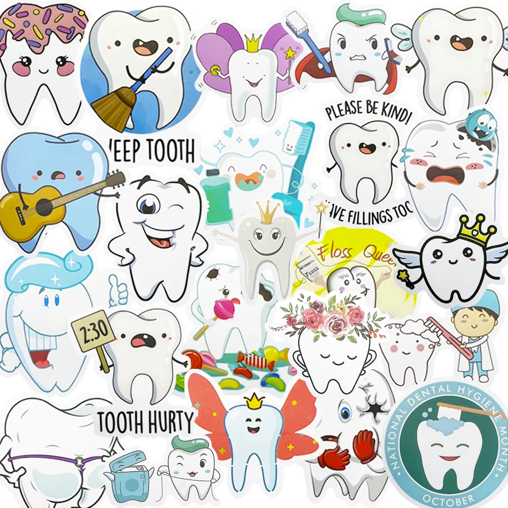 50Pcs Tooth Cartoon Stickers Dental Stickers Tooth Fairy Stickers Decals for Laptop Water Bottle Bike Skateboard Best Gift