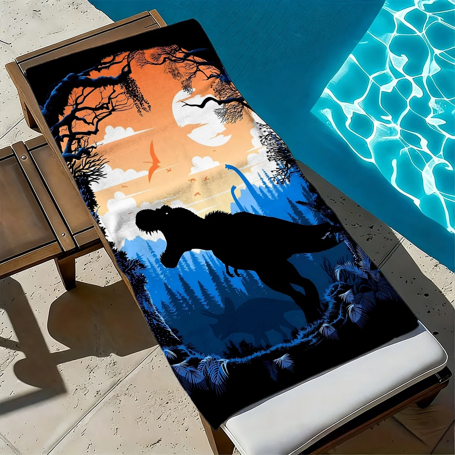 

Dinosaur prehistoric forest pattern polyester microfiber beach towel is highly absorbent suitable for swimming and beach outings