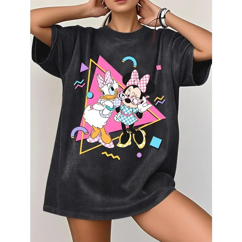 

Disney women's retro Minnie and Daisy geometric print T-shirt 100% washed cotton heavy short sleeve four seasons top