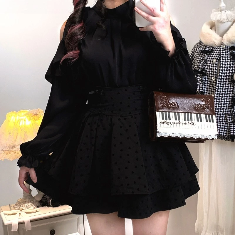 Japanese Rojita Ribbon Girl Strap Off-Shoulder Chiffon Ruffle Long Sleeves Top Blouse Women's Kawaii Clothes 3 Colors Can Choose