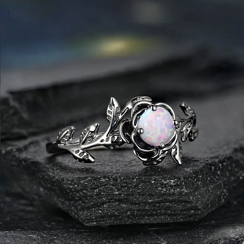 New Gun Black Personalized Retro Inlaid Opal Ring, Nepalese Rose Old Hand Jewelry