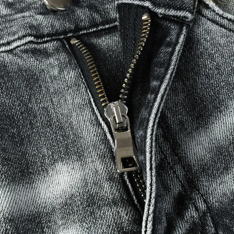 Y2K designer's fashionable new jeans are full of elasticity, slim fit, perforated patches, nostalgic washing, retro black gray j
