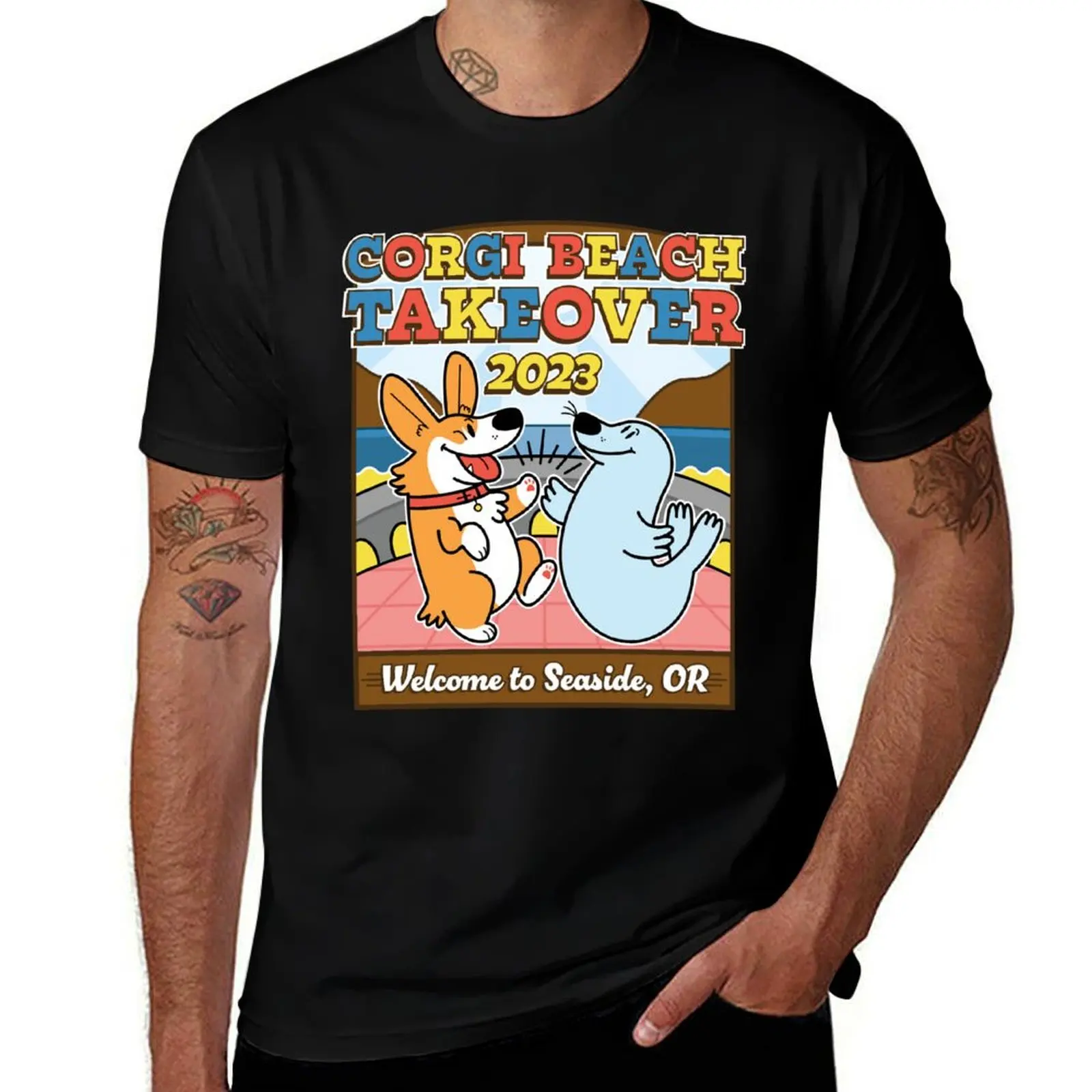 2023 Welcome To Seaside, Corgi Beach Takeover T-Shirt Large Size Casual Tee Shirt T-Shirt