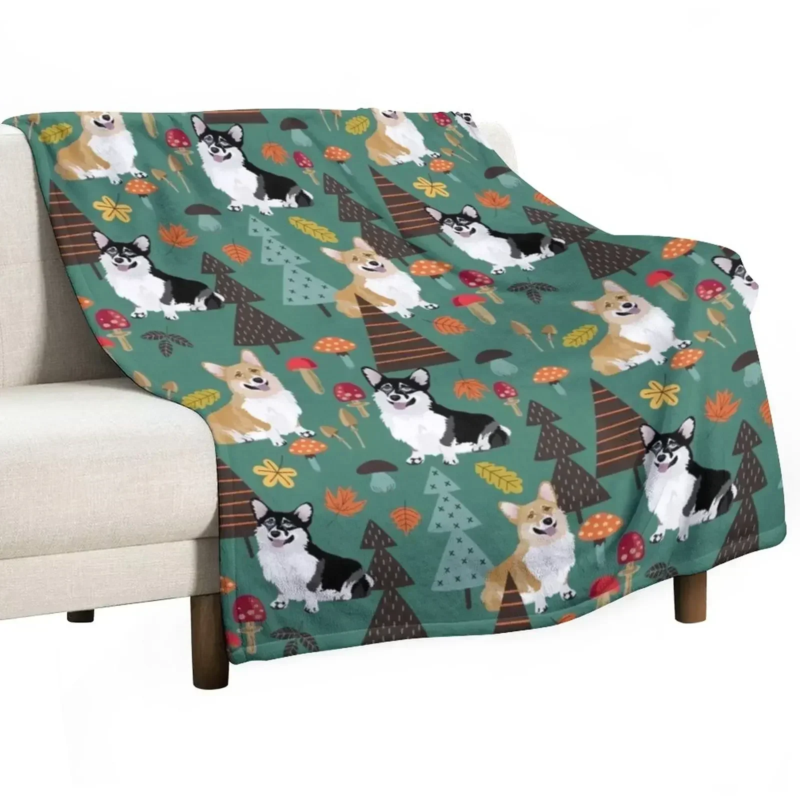 Corgis In Fall Forest - Dark Teal Throw Blanket Polar Vintage Blankets