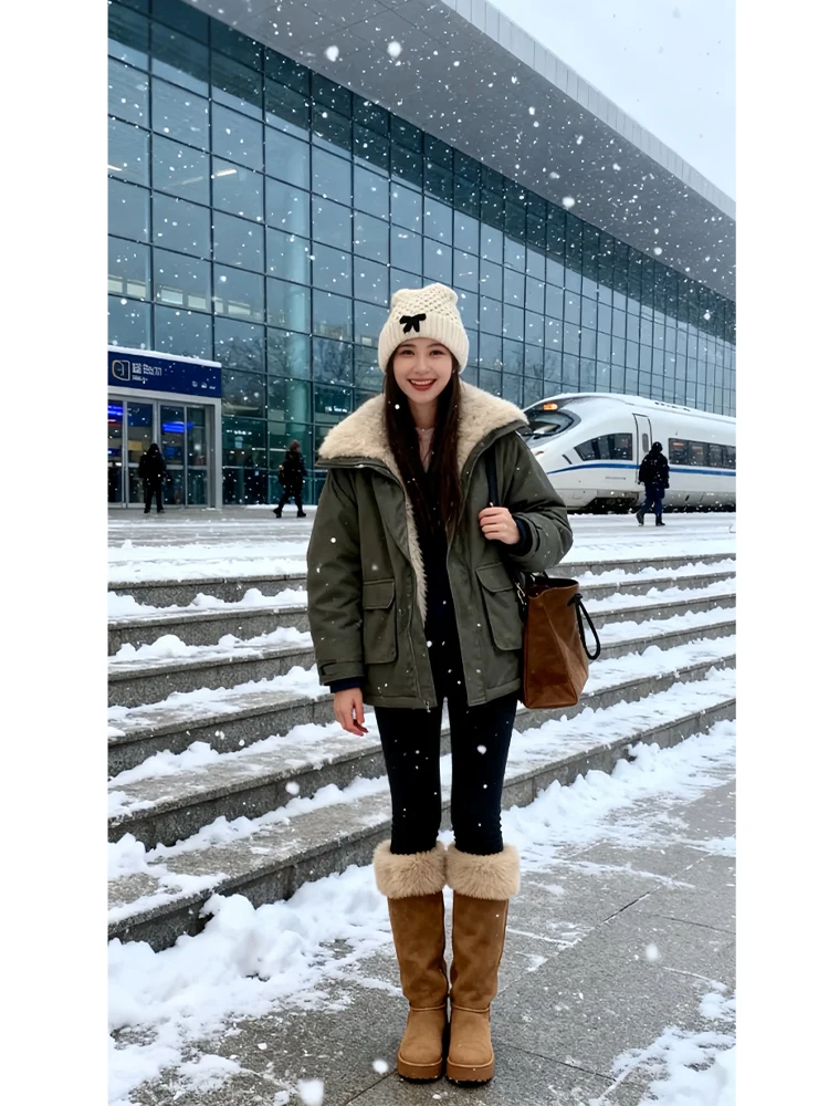 

Lamb Fur Parka Coat Women's Thiened Winter Cotton Workwear Jaet Medium Length Commute Sle Casual Outerwear Coat