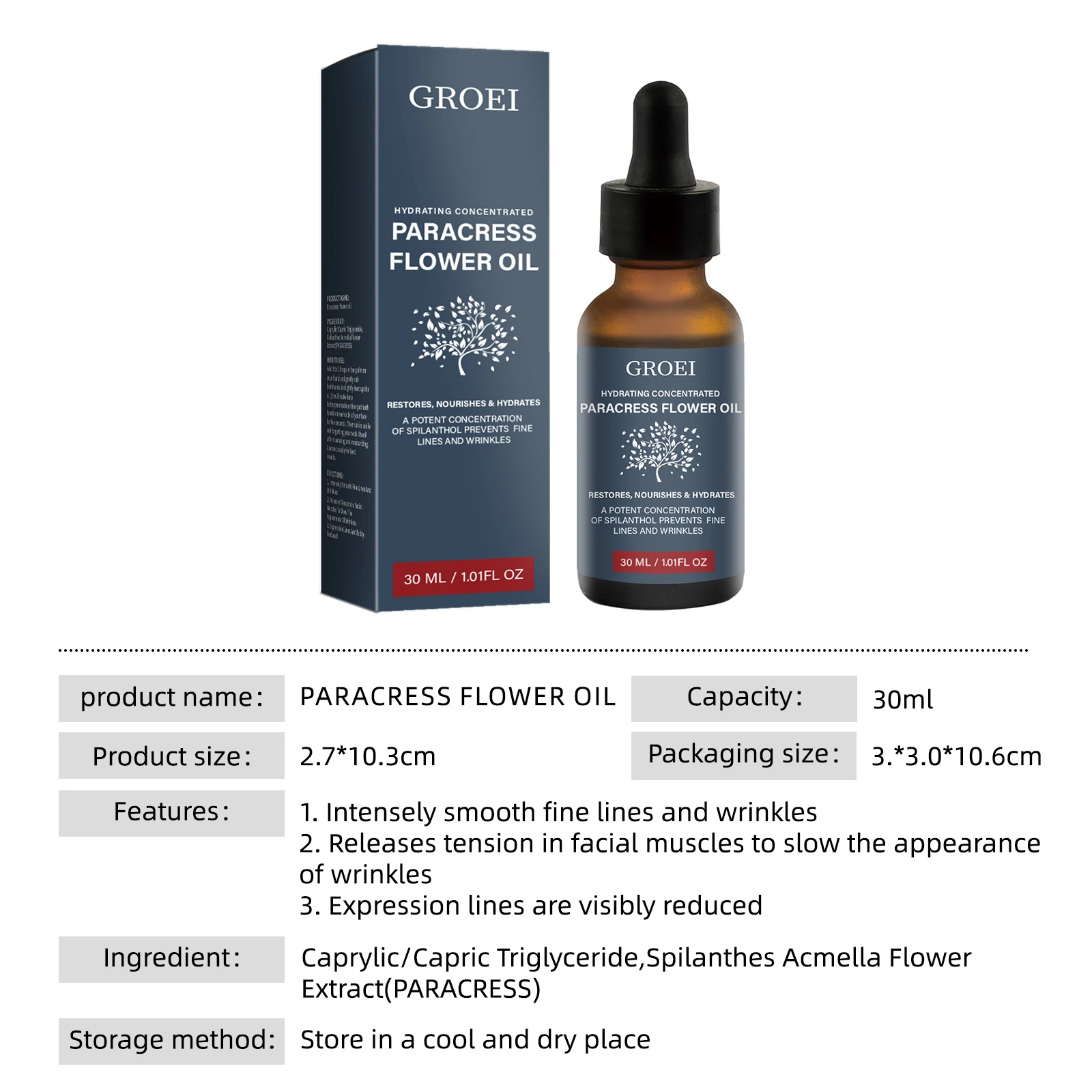 Paracress Flower Oil 30ml for Wrinkles Hydrates & Nourishes Skin Smooth Fine Lines for Face Nourish Essential Oil
